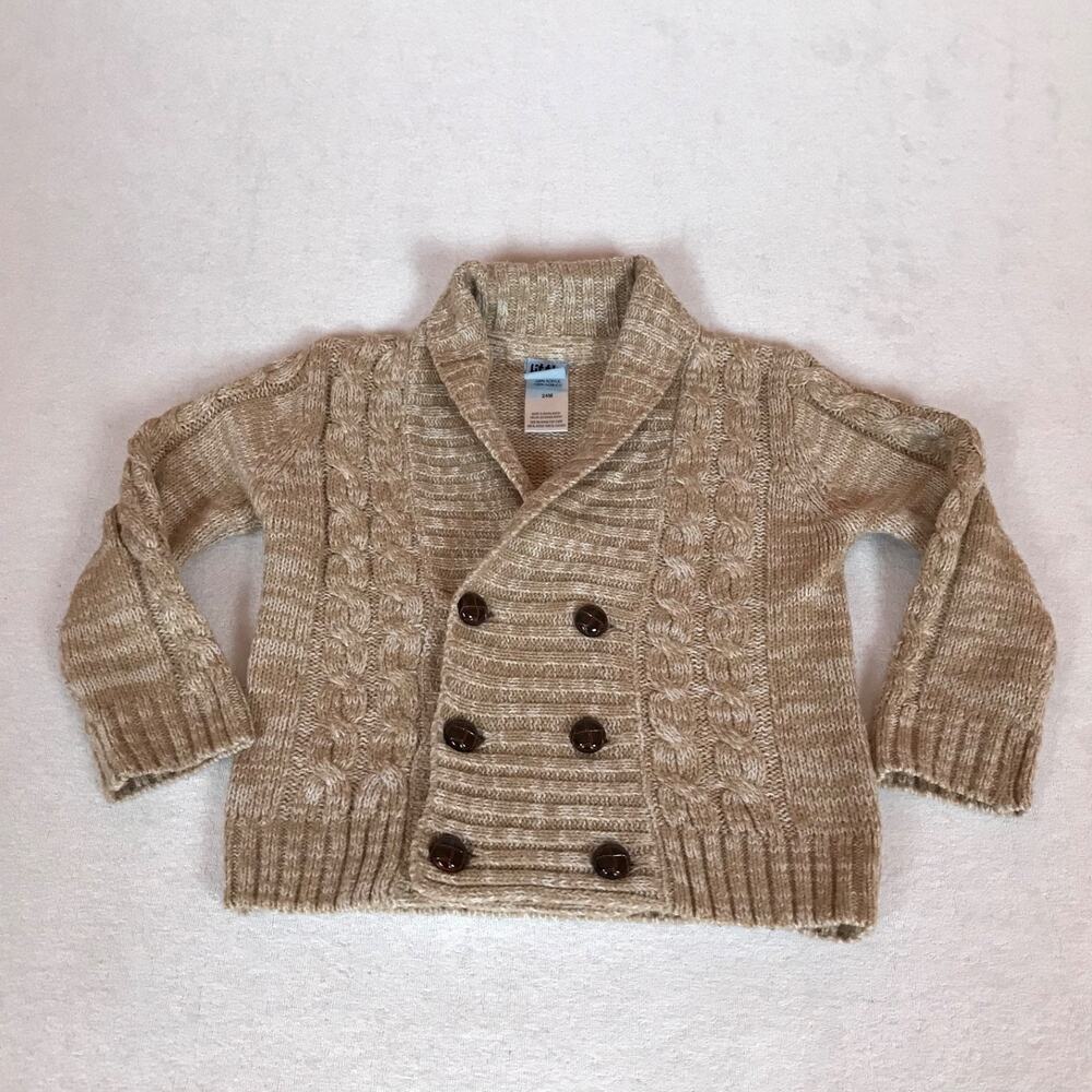 Little Lad Double Breasted Chunky Cable Knit Cowl Neck Beige Sweater 24M